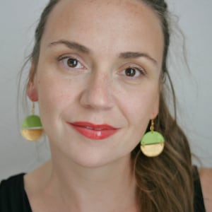 Handmade split circle polymer clay Statement earrings in bright green with 24k gold leaf and choice of gold plated earring hooks