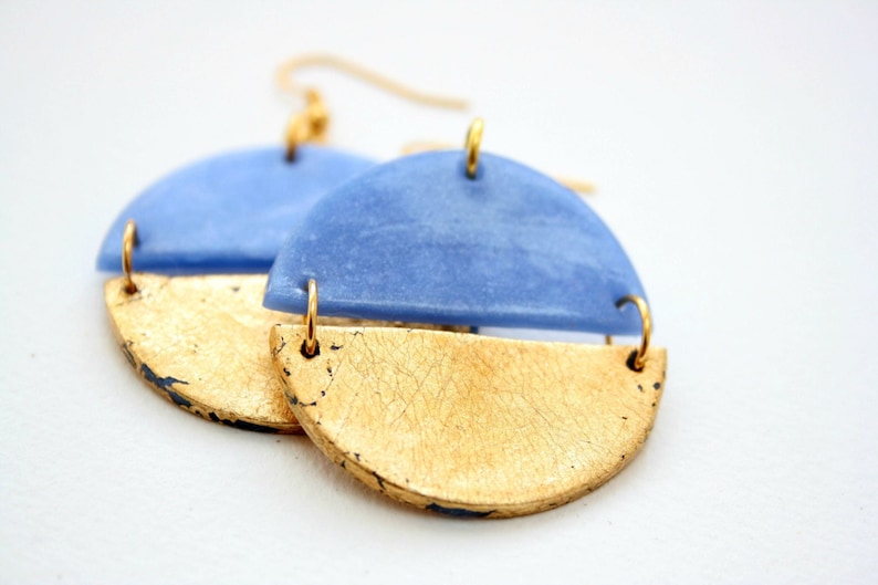 Round dangle earrings, Blue earrings, Gold earrings, Geometric earrings, Boho earrings, Statement earrings, Girlfriend gift, Clay earrings image 1