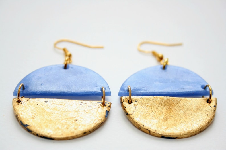 Round dangle earrings, Blue earrings, Gold earrings, Geometric earrings, Boho earrings, Statement earrings, Girlfriend gift, Clay earrings image 5