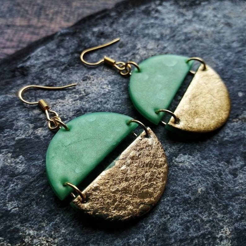 Round dangle earrings, Gold earrings, Statement earrings, Girlfriend gift, Big earrings in jade green, Green earrings, Gift for her image 6