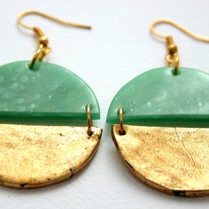 Round dangle earrings, Gold earrings, Statement earrings, Girlfriend gift, Big earrings in jade green, Green earrings, Gift for her image 5