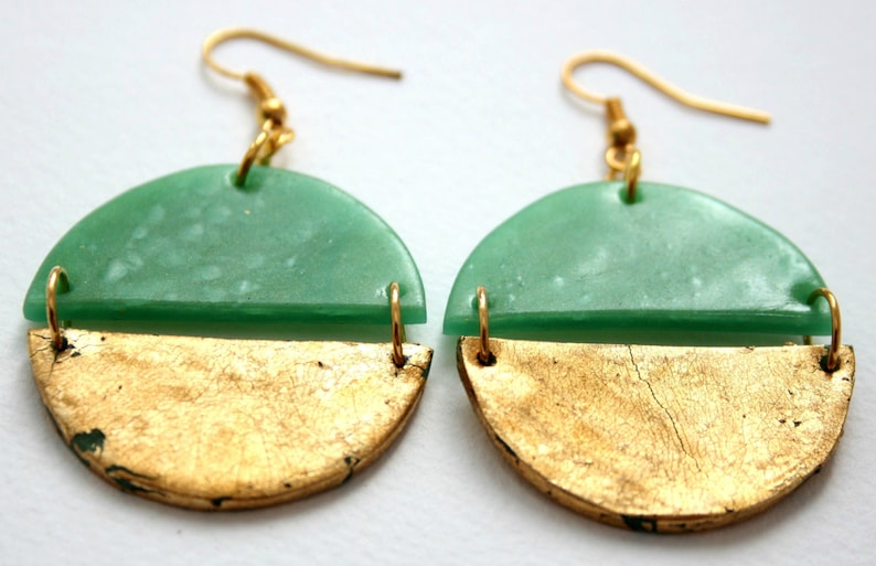 Round dangle earrings, Gold earrings, Statement earrings, Girlfriend gift, Big earrings in jade green, Green earrings, Gift for her image 5