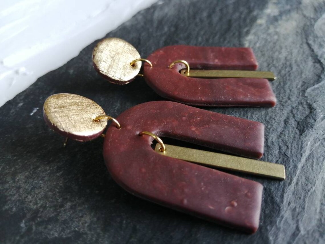 Arch earrings in maroon and gold Polymer clay earrings Etsy