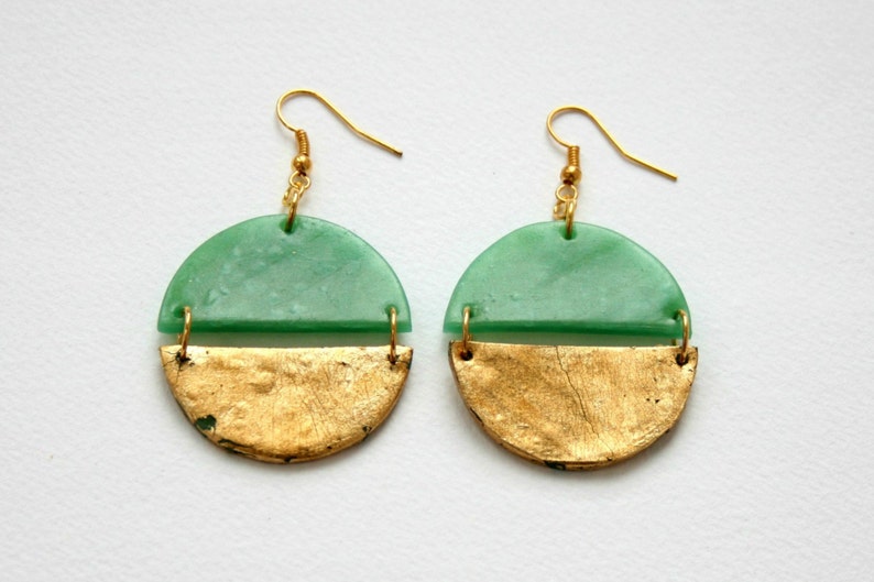 Round dangle earrings, Gold earrings, Statement earrings, Girlfriend gift, Big earrings in jade green, Green earrings, Gift for her gold plated brass