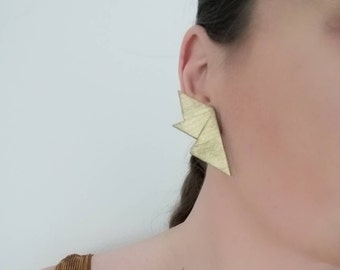 Large Gold Clip-On earrings, 80ies inspired Disco earrings, Handmade Polymer clay flash clip-on earrings, Girlfriend gift