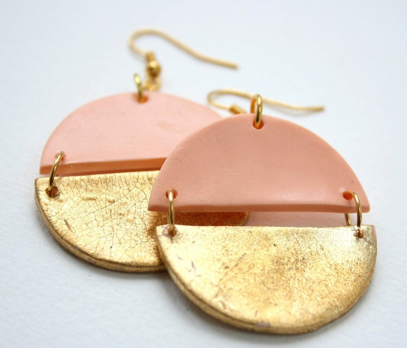 Boho Polymer clay dangle earrings in pastel peach and gold, Handmade Statement summer dangle earrings, Choose your hooks, Girlfriend gift image 1