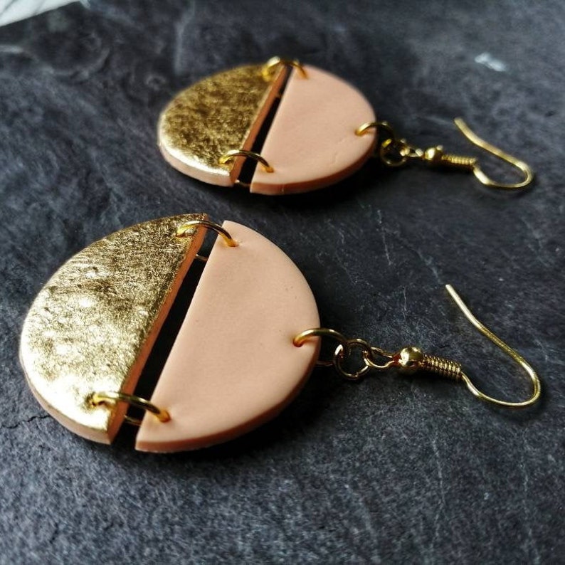 Boho Polymer clay dangle earrings in pastel peach and gold, Handmade Statement summer dangle earrings, Choose your hooks, Girlfriend gift image 5