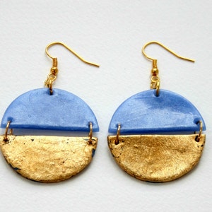 Round dangle earrings, Blue earrings, Gold earrings, Geometric earrings, Boho earrings, Statement earrings, Girlfriend gift, Clay earrings gold plated brass