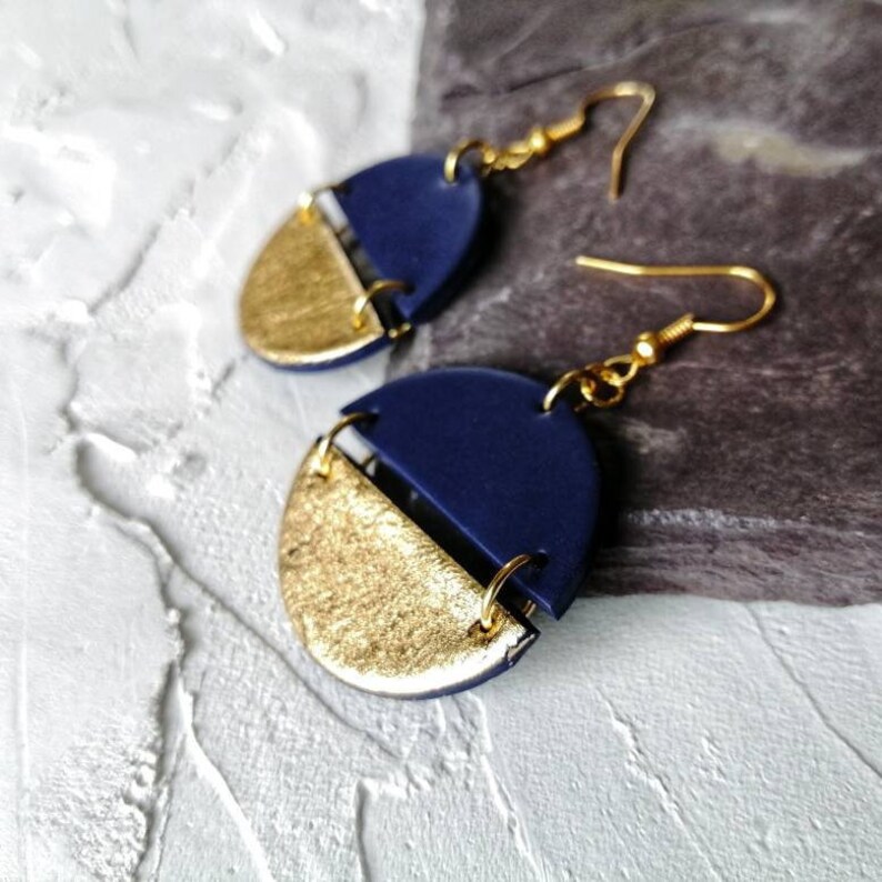 Navy Blue Statement Earrings Gold Earrings Boho Earrings Etsy