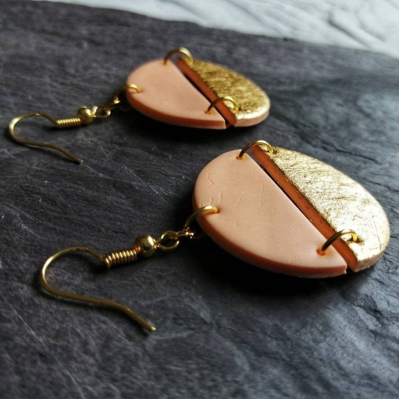 Boho Polymer clay dangle earrings in pastel peach and gold, Handmade Statement summer dangle earrings, Choose your hooks, Girlfriend gift image 3