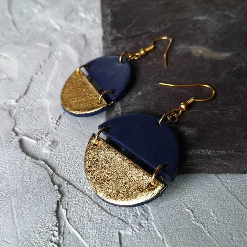 Navy blue Statement earrings Gold earrings Boho earrings Etsy