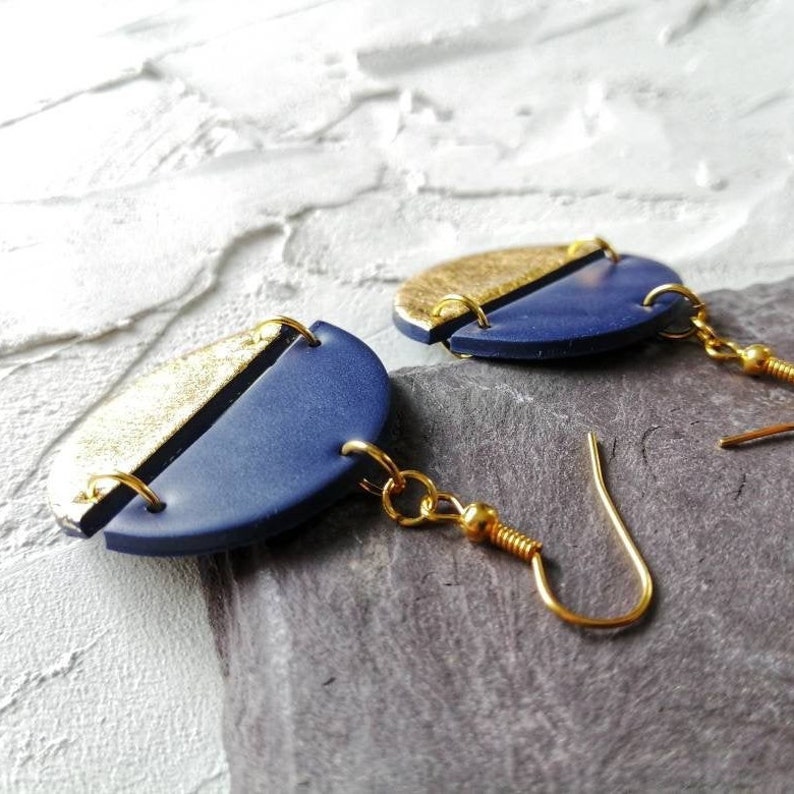 Navy Blue Statement Earrings Gold Earrings Boho Earrings Etsy