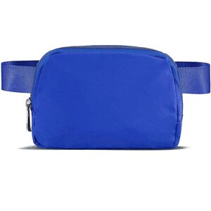 May include: A vibrant blue fanny pack with a zippered main compartment and an adjustable strap. The bag is made of a smooth, durable material and features a silver zipper pull. The design is simple and modern, suitable for various activities.
