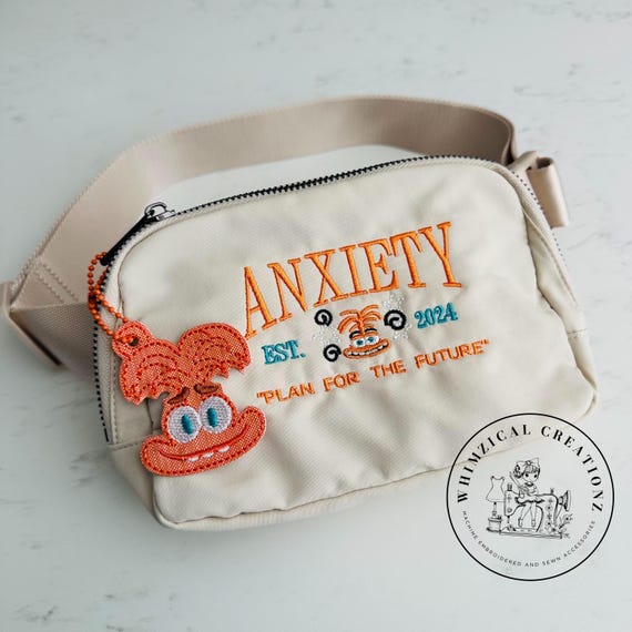 Embroidered Anxiety Belt Bag, Crossbody, Shoulder Bag, Bum Bag, Fanny Pack, Inside Out Anxiety, embroidery