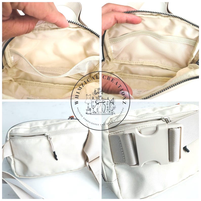 May include: Cream-colored fanny pack with multiple compartments, including zippered and mesh pockets. The bag features a white adjustable strap with a plastic buckle. The interior lining is a light beige color. The bag is designed for carrying essentials.