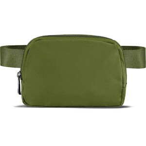 May include: Olive green fanny pack with a zippered main compartment and adjustable strap. The bag has a minimalist design and a silver-colored zipper pull. The strap is the same color as the bag.
