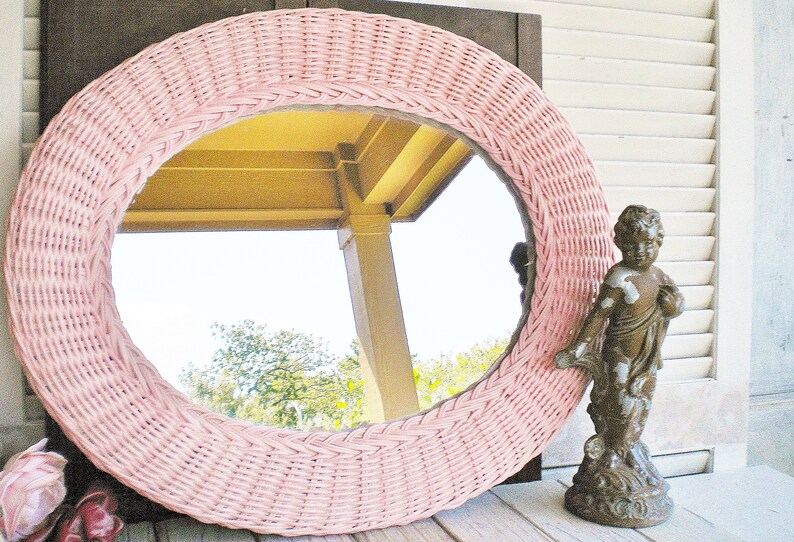 Shabby Vintage Pink Wicker Mirror Repurposed Handpainted Wall Decor Vanity Tray Nursery