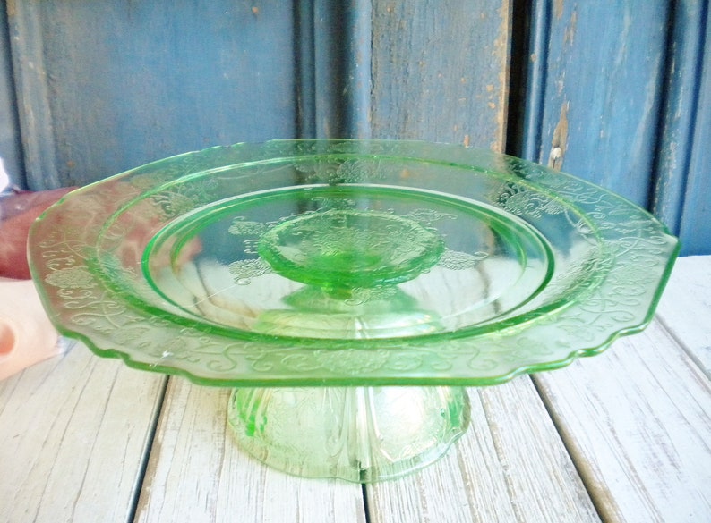 Green Glass Cake Stand/ Vintage Wedding Dessert Riser 8 Inch/ Etsy