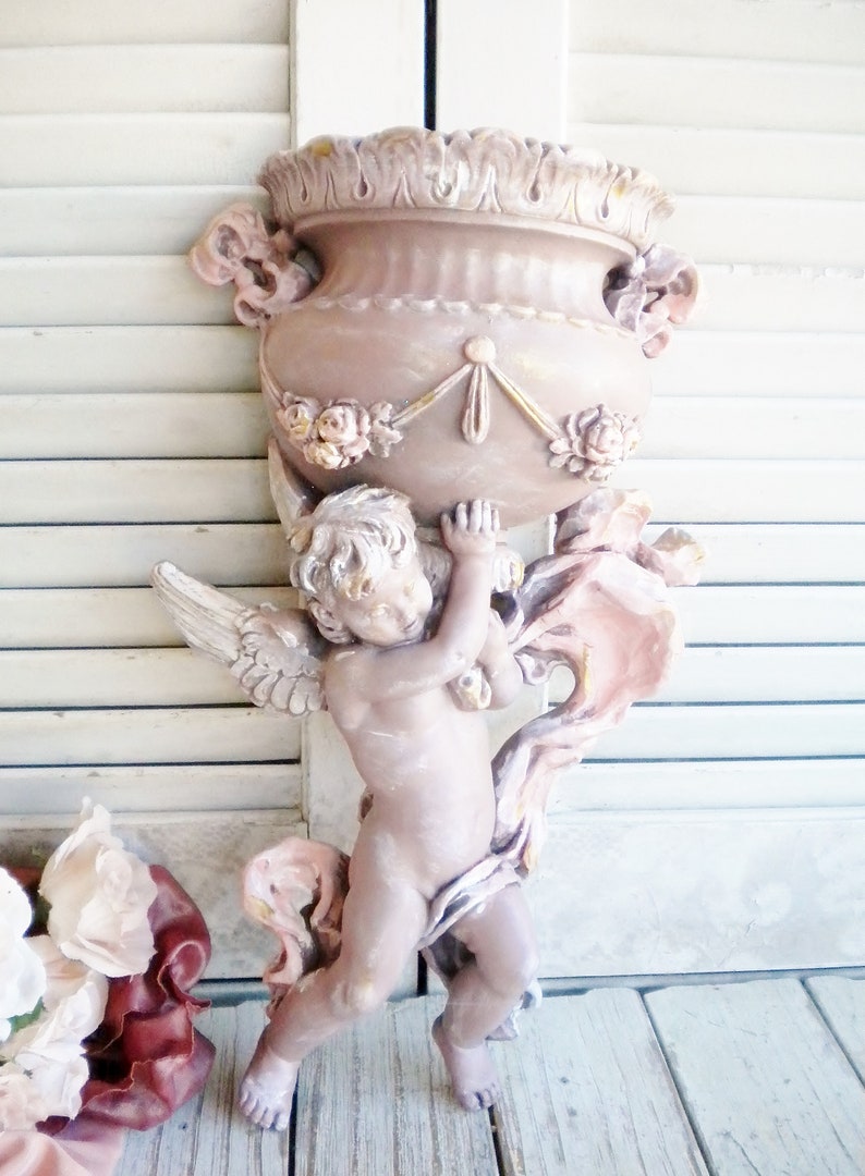 Rose Pink Angel Wall Pocket Decor/ Handpainted VIntage/ Shabby Etsy