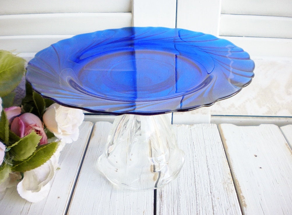 Colbalt Blue Wedding Cake Stand Clear Base 7 Inch/ Vintage Etsy