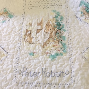 Peter Rabbit and friends, toddler bed size handmade quilt/blanket, playmat Beatrix Potter characters,nursery decor, baby shower gift
