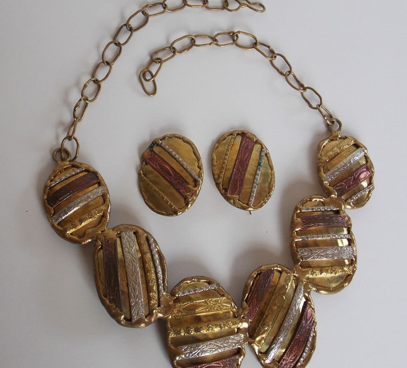Vintage Brutalist Style Metal Necklace and Earrings Made in Etsy