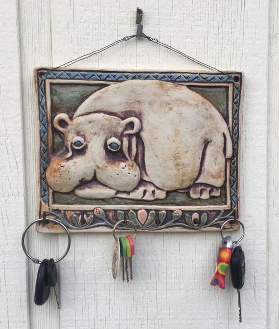 Hippo Key Holder and Wall Hanging Baked Clay Ceramic Made in South Africa Vintage Folk Art