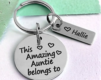 Birthday gift for best friend, auntie keyring with niece and nephew names engraved, personalised present idea for her, made to order in UK