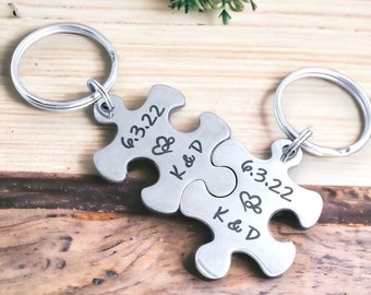 Boyfriend Girlfriend Anniversary Keyrings set of 2 jigsaw puzzle pieces, personalised with date and initials