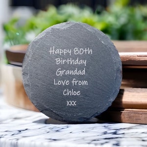 Gift For Him 80th Birthday Grandad, Mens Engraved Coaster, Personalised Accessory Gift Engraved Slate,