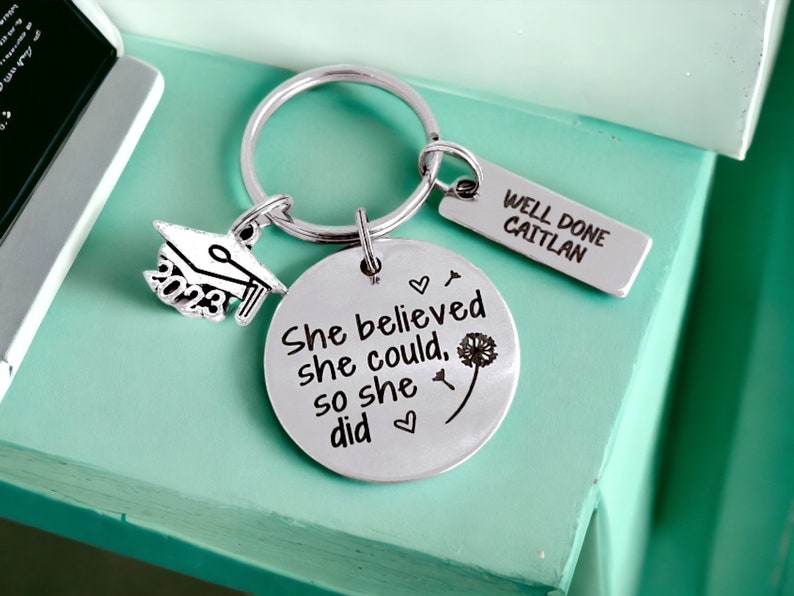 Graduation gift, exams well done so proud of you, she believed she could personalised grad present for girl, dandelion wish image 1