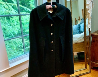 Rare 60s CAPE MOD WOOL Cloak Black Jacket Fashionable Silver Buttons Fully Lined Fashionable "Junior House" Brand