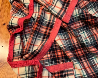 Vintage Virgin WOOL BLANKET 66” x 108” Virgin JC Penney Golden Dawn Virgin Lightweight Classic Red Plaid Blanket Satin Edging Needs Fixes