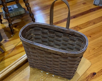 RARE Rectangular Oak Basket with 4”h Rigid wood Handle on Backside Vintage Wooden Weave 11”w x 6”d x 8 3/8”h + 4”h handle 50s-60s MidCentury