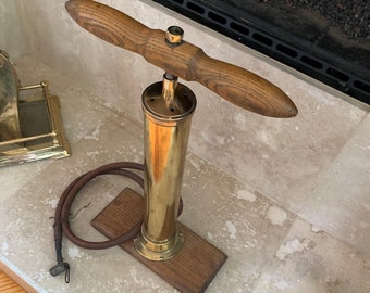 RARE Antique Tire Pump Brass & Golden Oak Solid Wooden Handle and Base Rubber hose Brass Pump Collectibles Memorabilia Car Bike Air Pump