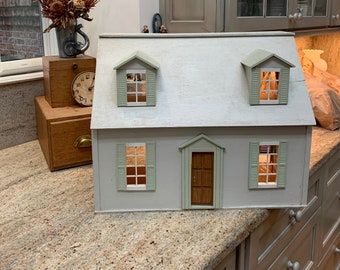 50s Wooden DollHouse Beautifully Handcrafted 2-story Colonial w/Dormers Open back Wallpapered 3 "rooms" Bath Bedroom Kitchen-Family