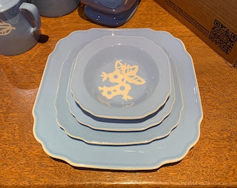 30s DAINTY FLOWER BLUE by Harker Square Cameo ware One 4-pc Place Setting Harkerware Vintage Antique dishes