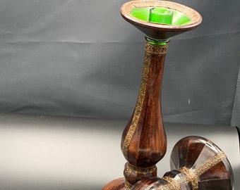 Rare 60s Tuscany Candlesticks Candle Holder Leather Wrapped ONE (1) Heavy Green Glass from Italy 13 !/2" tall x 5 1/4" base 4 3/8" Top