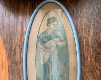 RARE OLD SIGNED Mother and Baby Mat & Metal Oval Charcoal by R. Ford Harper 14" x 6" Blue Metal Frame Vintage Wall Decor Nursery Shower Gift