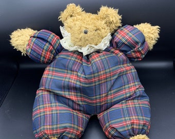 Vintage FUZZY BEAR Onesie PLAID Jammies w Lace Collar Teddy Plush Plushie 17” high x 16” wide x 8” deep No Labels