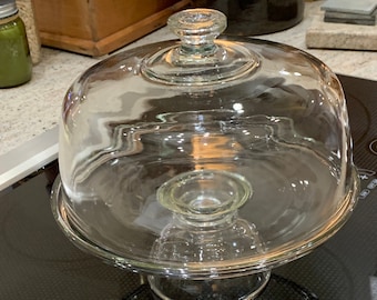 Rare CAKE CLOCHE SET Stand Matching Clear Blown Glass Dome about 11”h total x 10 7/8”w Vintage Pedestal about 4 1/4"h