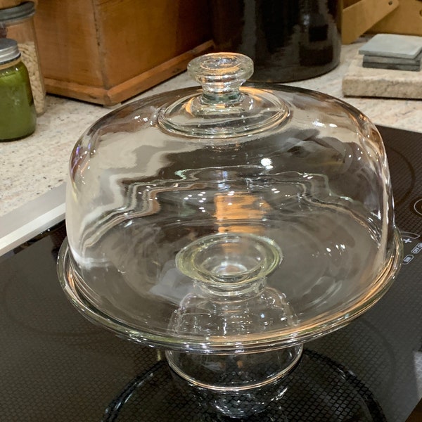 Rare CAKE CLOCHE SET Stand Matching Clear Blown Glass Dome about 11”h total x 10 7/8”w Vintage Pedestal about 4 1/4"h