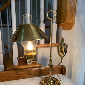 Vintage Tole Table Tall Lamp Brass Preserved 19 1/2”h x 15 1/2”w 3-way Switch New wiring Hurricane Shade