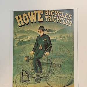 RARE Vintage cartel publicitario francés Elija UNO 9"w x 13"h Old Howe Bicycle Tricycles O 13"h x 9"w Bañera Rousseau Salle de Bain Comprada en París