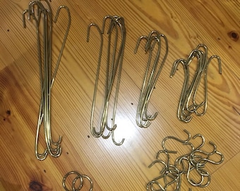 HOOKS CUSTOM 1/4&quot; BRASS & Rings Various Lengths Quality Made and Preserved Vintage Outside Diameter Hanging Storage Kitchen Pots Pans Decor