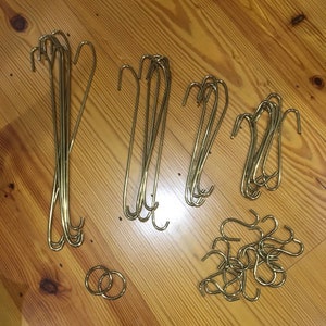 HOOKS CUSTOM 1/4&quot; BRASS & Rings Various Lengths Quality Made and Preserved Vintage Outside Diameter Hanging Storage Kitchen Pots Pans Decor