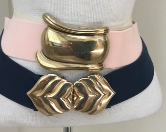 Vintage gold metallic and red stretch belt with geometric clasp