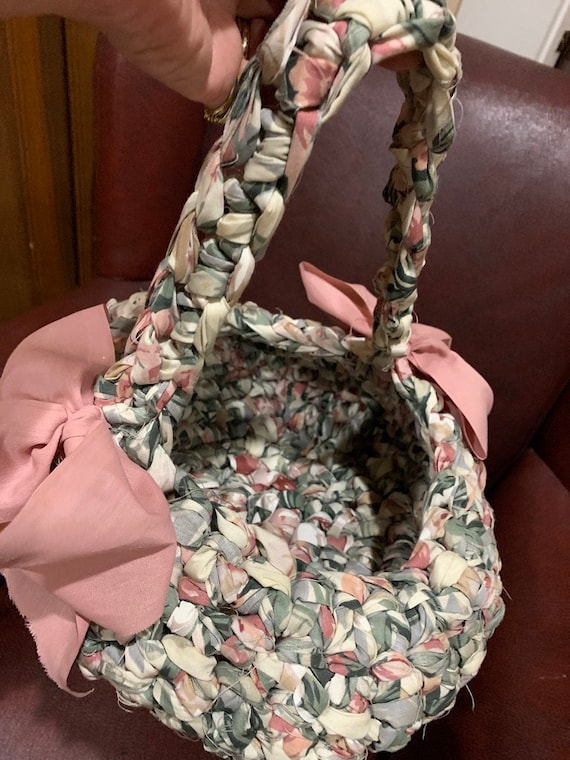 TOTE FABRIC BRAIDED Cotton Pink Gray White w Larg… - image 7