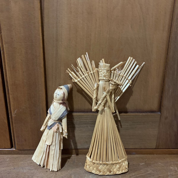 Vintage Corn Husk Dolls (2) Angel tree top Doll 8 1/2" and Pilgrim Doll 6 1/2"