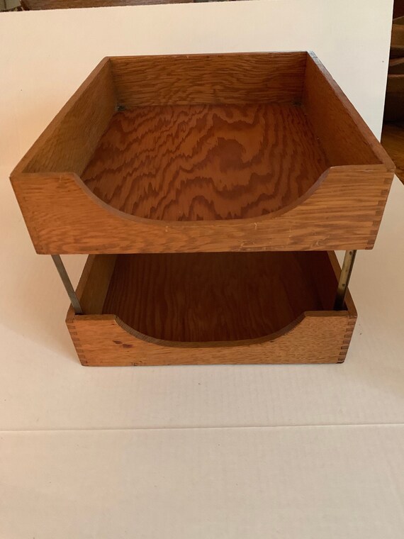 Vintage Mid Century Oak Two Tier Letter File Trays Organizer Vintage Mid Century Oak Two Tier Letter